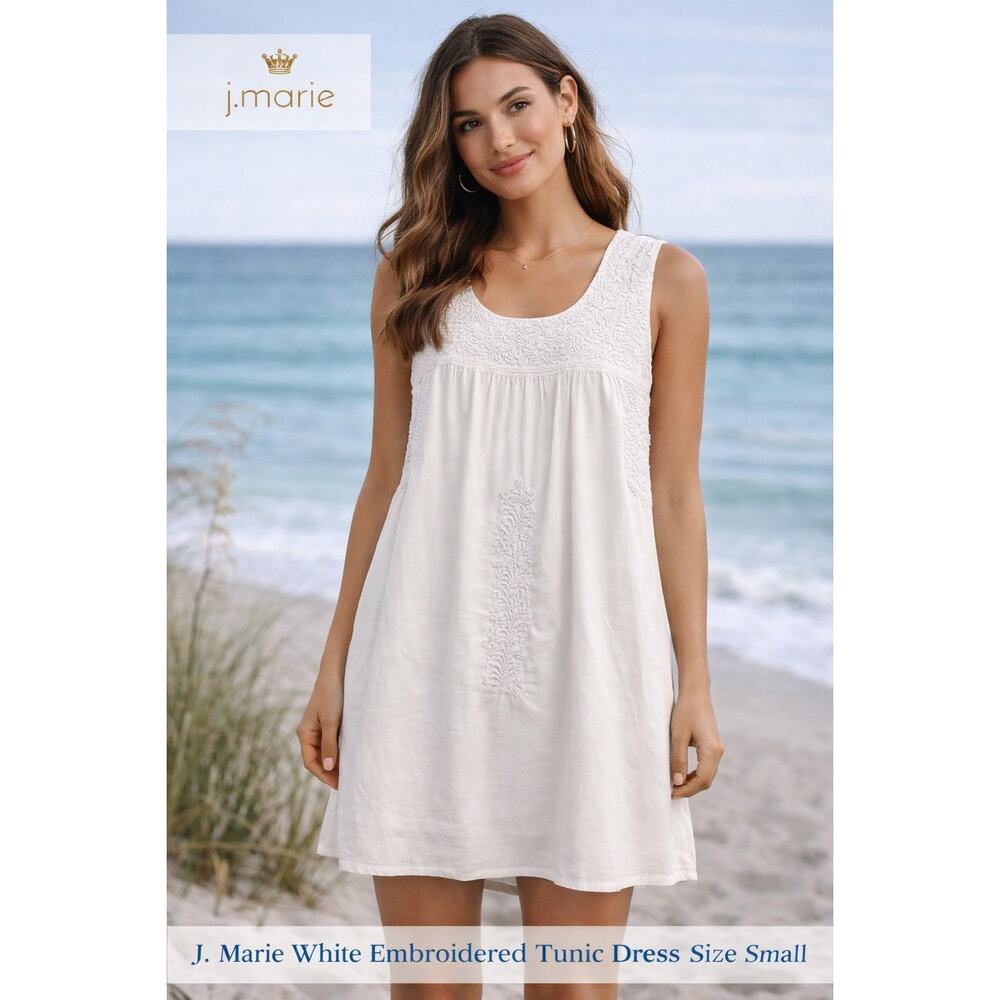 J. Marie White Embroidered Boho Tunic Dress Small